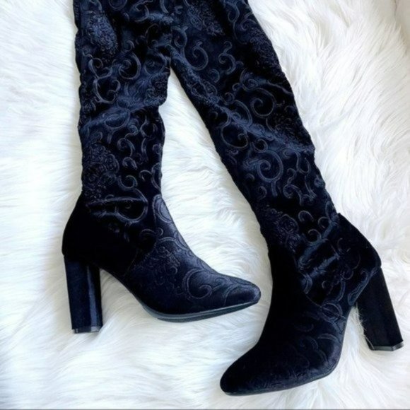 Black embroidered over the knee boots chunky block heel velvet - Picture 7 of 8